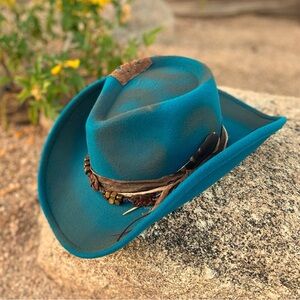 Western Rustic Cowboy Hat "The Josie"⭐️NWT Teal Wide-Brim, Beaded Band - WOMENS